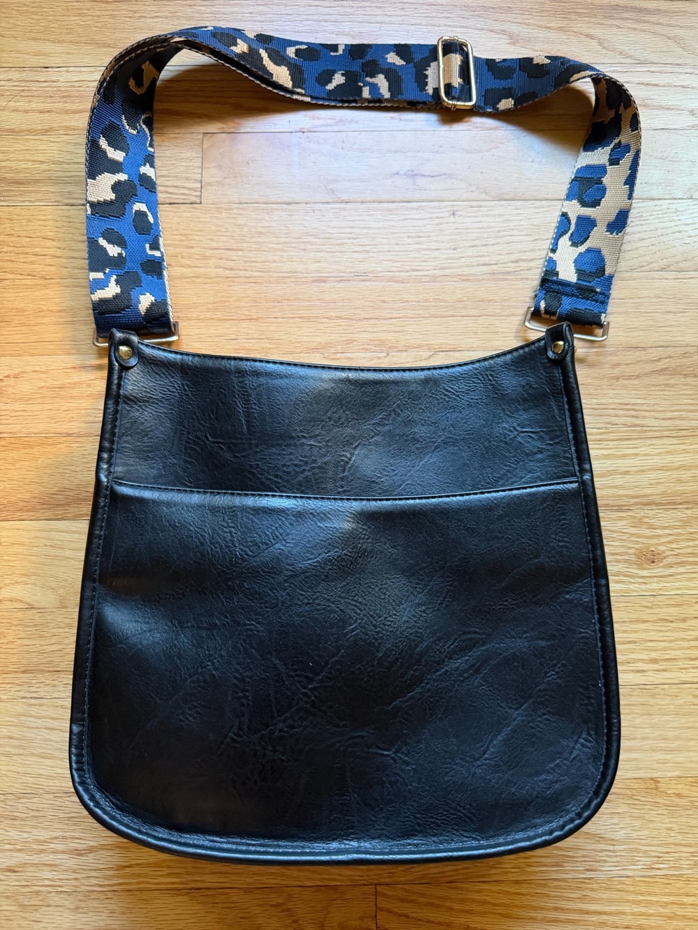 Black Vegan Leather Crossbody Bag with Patterned Strap